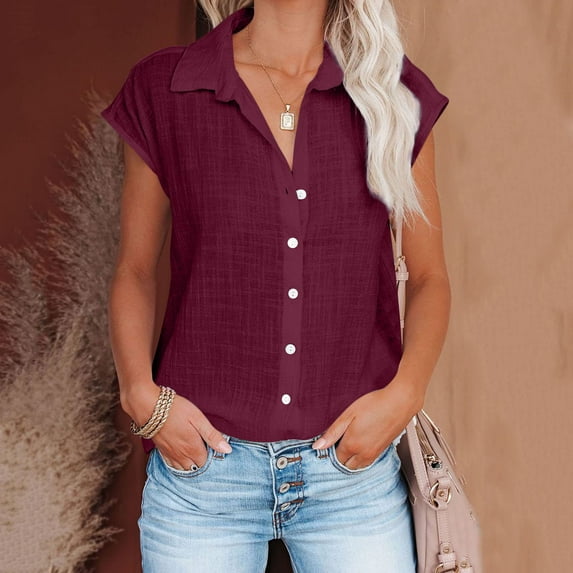 Cyber And Monday Deals CFLVAEK Dressy Henley Tunic Shirt with Collar for Women Large Size Cotton Linen Shirts Casual Plain Cap Sleeve Summer Blouses