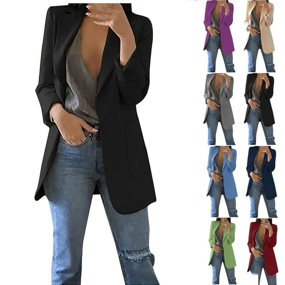 CFLVAEK Dressy Jackets for Women Plus Size Open Front Suit Coat Casual Solid Lapel Jacket with Pockets Long Sleeve Office Business Outwear Black M