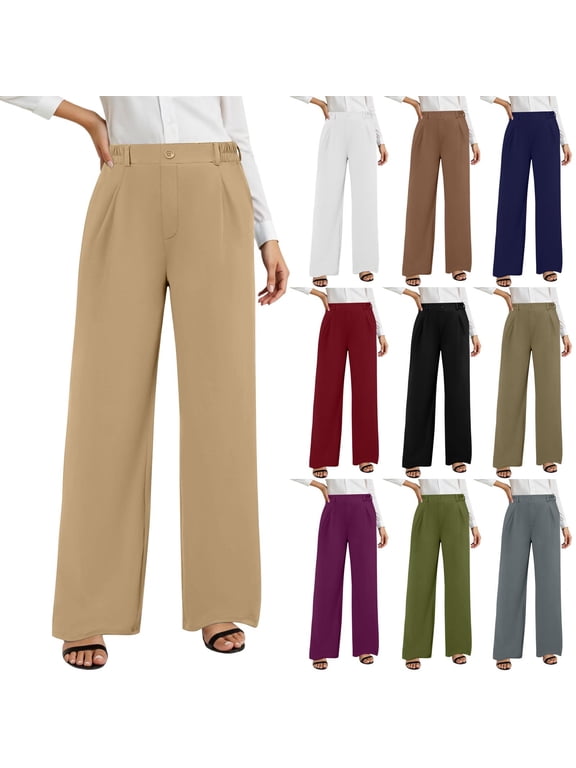 Dressy Pants for Women High Waisted Business Casual Work Pant Solid Color Straight Wide Leg Trousers with Pockets Navy XL