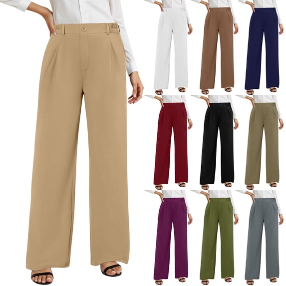 CFLVAEK Dressy Pants for Women High Waisted Business Casual Work Pant Solid Color Straight Wide Leg Trousers with Pockets Wine XXL