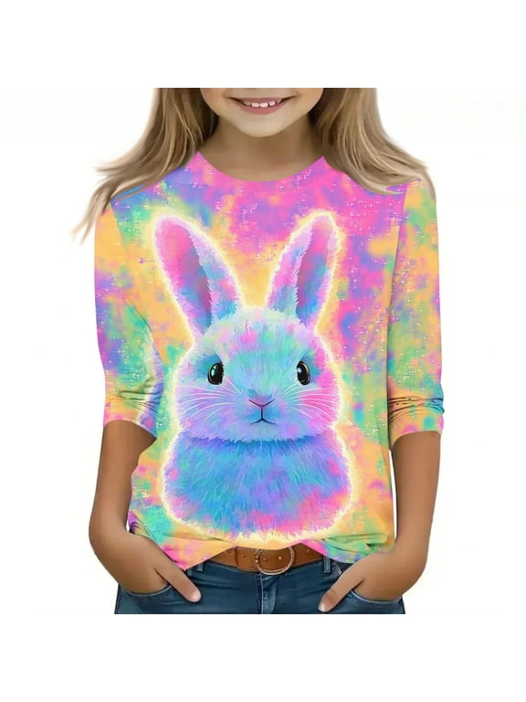 Easter Tshirts for Girls Cute Tie Dye Easter Bunny Graphic Tees Casual 3/4 Sleeve Crew Neck Blouses Easter Day Gifts for Kids Multicolor 4 Years