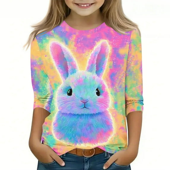 CFLVAEK Easter Tshirts for Girls Cute Tie Dye Easter Bunny Graphic Tees Casual 3/4 Sleeve Crew Neck Blouses Easter Day Gifts for Kids Multicolor 7 Years
