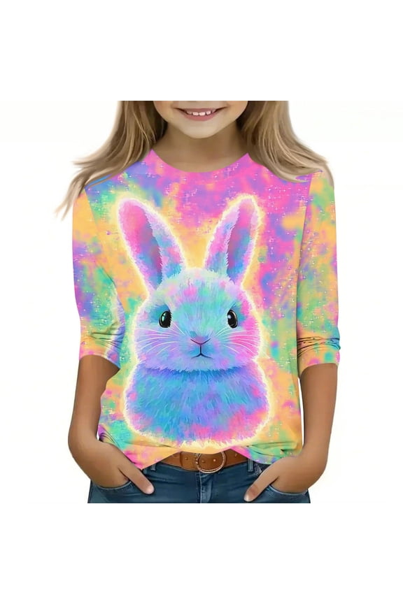Easter Tshirts for Girls Cute Tie Dye Easter Bunny Graphic Tees Casual 3/4 Sleeve Crew Neck Blouses Easter Day Gifts for Kids Multicolor 9 Years
