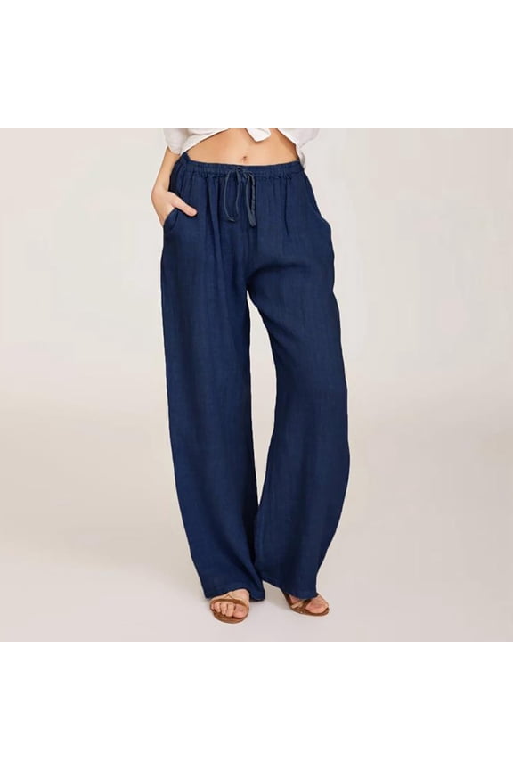 Elastic Mid Waist Palazzo Pants Women Wide Leg Soft Beach Slacks Loose Solid Color Lounge Trousers Moisture Wicking Full Length Pants with Pocket and Drawstring Navy L