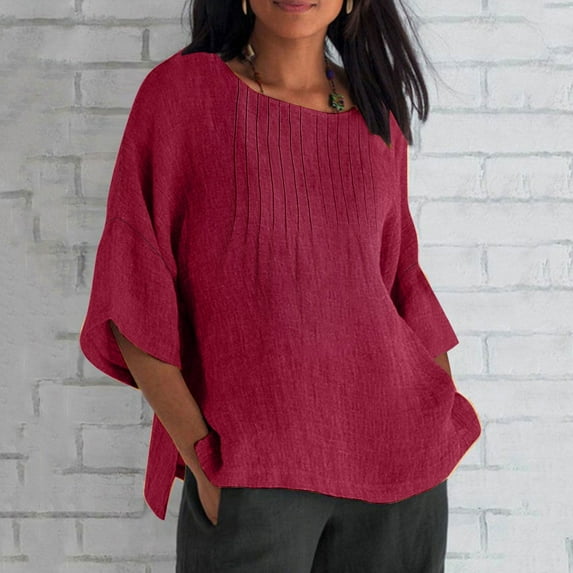 CFLVAEK Elbow Sleeve Tops Women, Oversized T Shirts for Women Plus Size Cotton Linen Crewneck Shirts Side Slit Going Out Tshirt Solid Color Summer Tees Wine XXL
