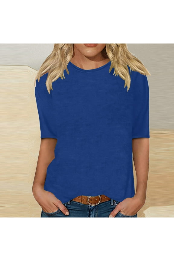 Elbow Sleeve Womens Tops for Fall Casual Solid Shirt Loose Fitted Basic Crewneck T Shirts, Blue, 2XL