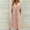 thumbnail image 1 of CFLVAEK Eyelet Dress for Women Plus Size Short Sleeve Eyelet Tshirt Dress Casual Summer Beach Vacation Sundress Solid Color V Neck A Line Dress Beige XXL, 1 of 6