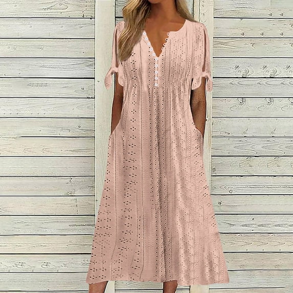 CFLVAEK Eyelet Dress for Women Plus Size Short Sleeve Eyelet Tshirt Dress Casual Summer Beach Vacation Sundress Solid Color V Neck A Line Dress Beige XXL