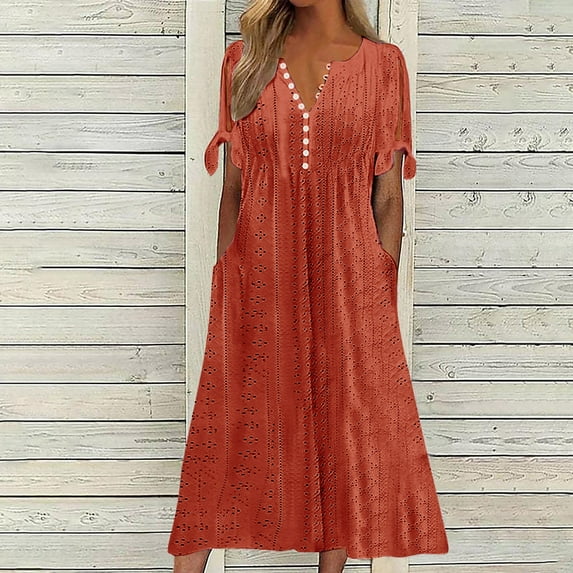 CFLVAEK Eyelet Dress for Women Plus Size Short Sleeve Eyelet Tshirt Dress Casual Summer Beach Vacation Sundress Solid Color V Neck Maxi A Line Dress Orange S