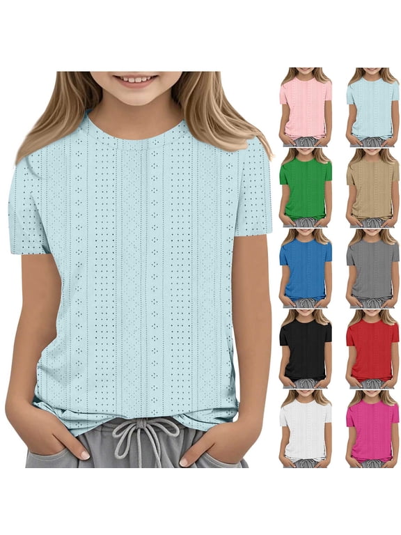 Eyelet Tops for Girls Casual Summer Short Sleeve Tshirt Cute Crewneck T Shirts Solid Color Basic Clothes Black Size 7-8 Years
