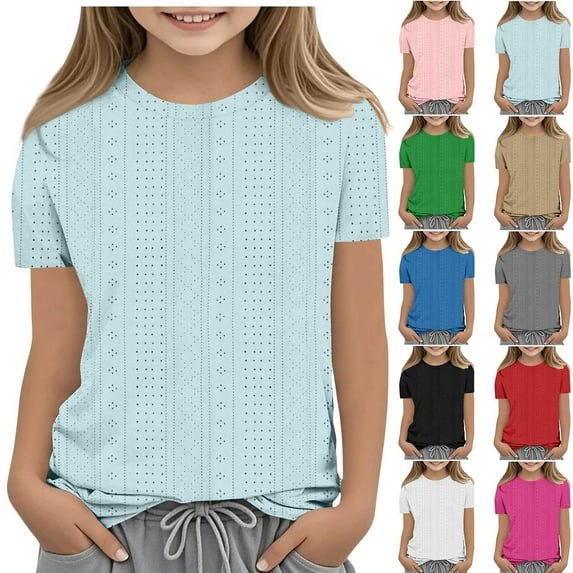 CFLVAEK Eyelet Tops for Girls Casual Summer Short Sleeve Tshirt Cute Crewneck T Shirts Solid Color Basic Clothes Blue Size 11-12 Years