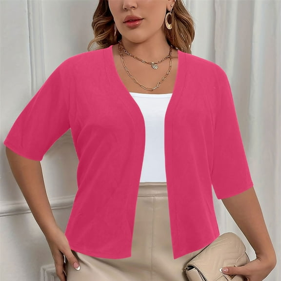 CFLVAEK Fall Cardigan Sweaters for Plus Size Women Casual Short Sleeve Open Front Shrugs Soft Solid Color Cropped Boleros Lightweight Cardigans Cover Ups Hot Pink XXL