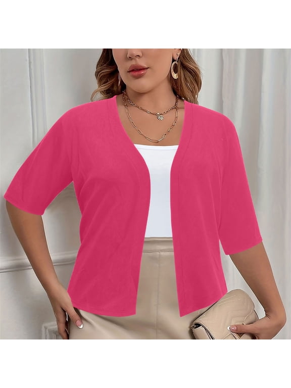 Fall Cardigan Sweaters for Plus Size Women Casual Short Sleeve Open Front Shrugs Soft Solid Color Cropped Boleros Lightweight Cardigans Cover Ups Hot Pink XXL