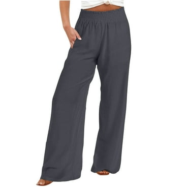 CFLVAEK Fall Going Out Pants for Women Smocked High Waist Wide Leg Pant Baggy Solid Cotton Linen Trousers Casual Tall Length Office Pants