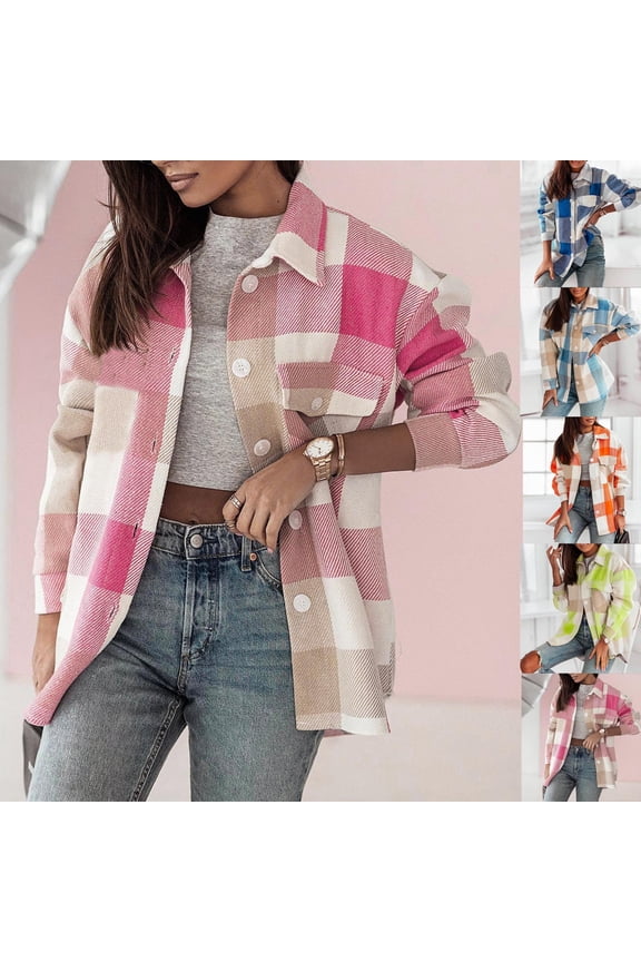 Fall Jackets for Women Fashion Plaid Graphic Jacket Loose Fit Button Down Lapel Coat with Pocket Casual Long Sleeve Shackets Pink XXL