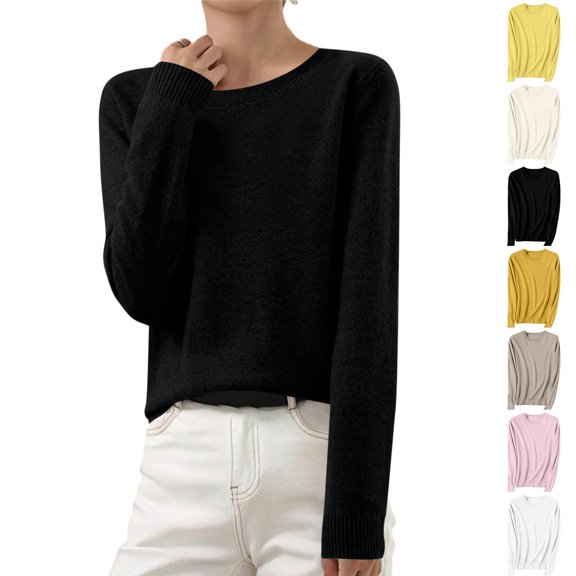 CFLVAEK Fall Sweaters for Women 2025 Plus Size Knit Solid Color Pullover Lightweight Crewneck Jumper Sweater Cozy Long Sleeve Warm Blouses Black L