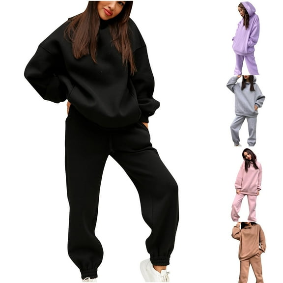 CFLVAEK Fall Winter Sweatsuits Women Two Piece Outfit Sets Oversized Long Sleeve Hooded Sweatshirts Casual Sweatpants Lounge Set Purple L