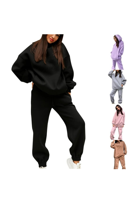 Fall Winter Sweatsuits Women Two Piece Outfit Sets Oversized Long Sleeve Hooded Sweatshirts Casual Sweatpants Lounge Set Purple L