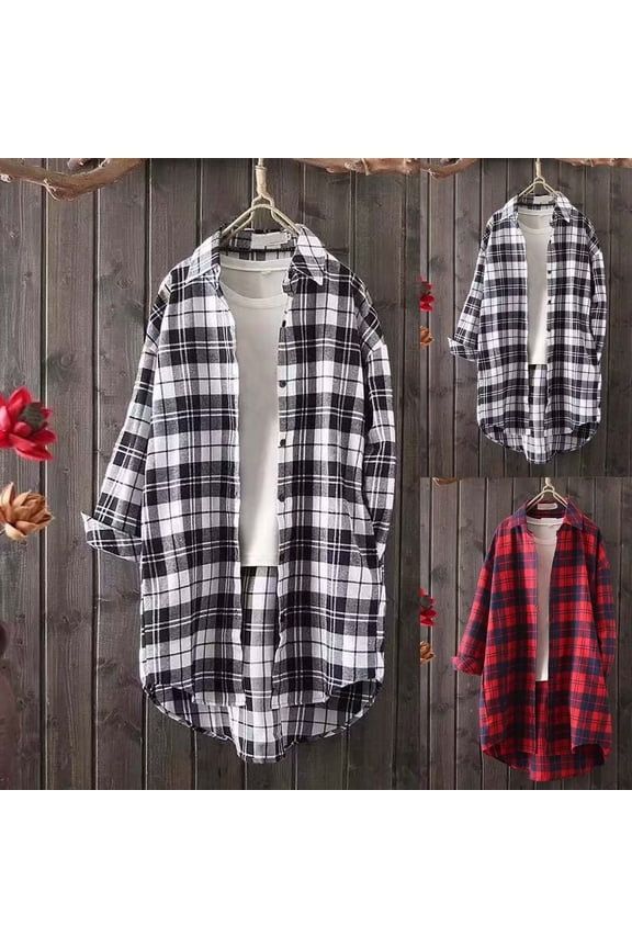 Fashion Plaid Shirts Jackets for Women Casual Button Down Long Coat Loose Long Sleeve Fall Coats with Pockets Red XXL