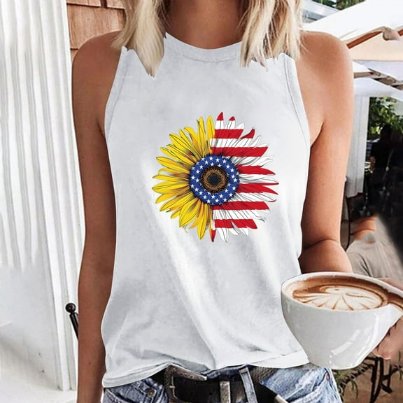 CFLVAEK Fashion Sunflower American Flag Tank Top for Women 4th of July Round Neck Shirts Summer Casual Sleeveless Tanks Independence Day Patriotic Tank Top XL