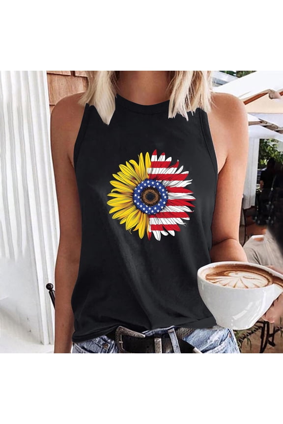 Fashion Sunflower American Flag Tank Top for Women 4th of July Round Neck Shirts Summer Casual Sleeveless Tanks Independence Day Patriotic Tank Top L