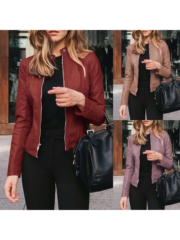 Faux Leather Jackets for Women Casual Zip Up Cropped Jacket Casual Long Sleeve Fall Motorcycle Jackets Khaki XL