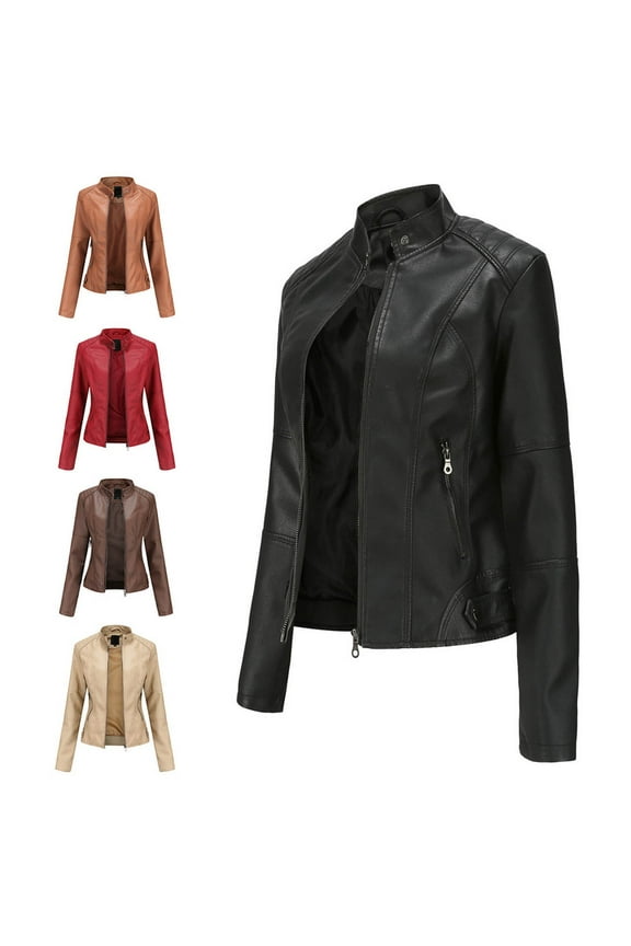 Faux Leather Jackets for Women Plus Size Motorcycle Coat with Pockets Casual Zip Up Fall Outwear Solid Long Sleeve Slim Fitted Jacket Brown M