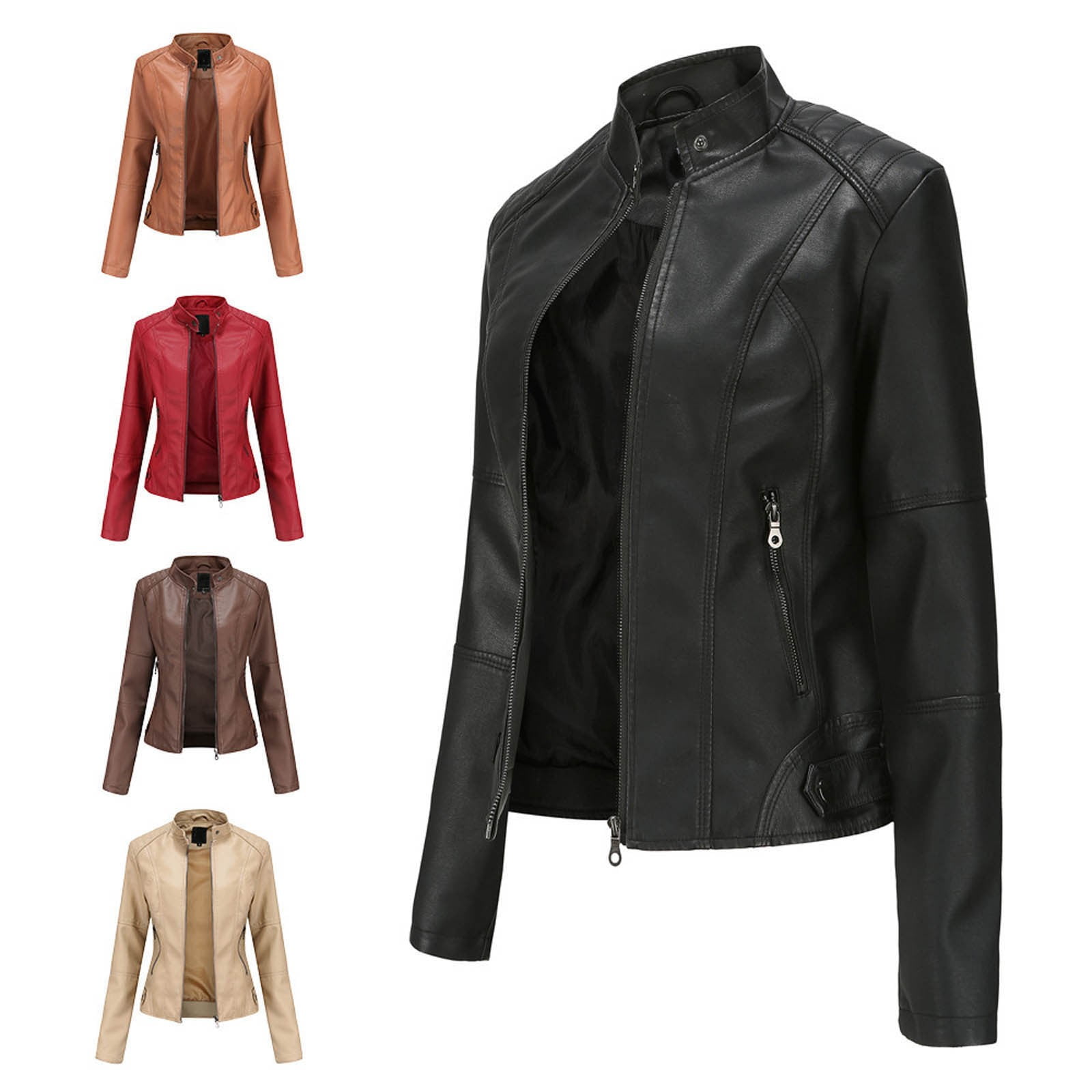 CFLVAEK Faux Leather Jackets for Women Plus Size Motorcycle Coat with Pockets Casual Zip Up Fall Outwear Solid Long Sleeve Slim Fitted Jacket Brown S