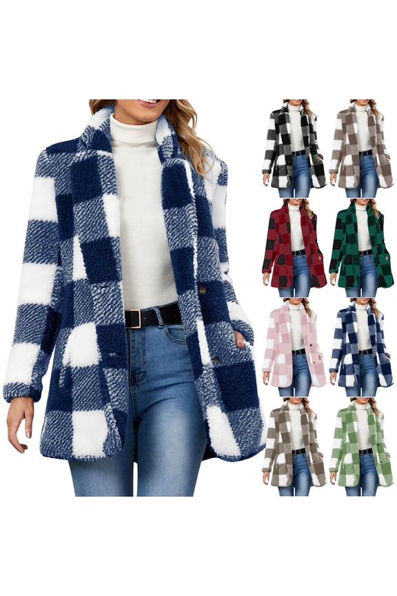 Flannel Jackes for Women Trendy Plaid Print Shackets Thermal Fall Winter Lapel Coats Cozy Button Down Long Sleeve Jacket with Pockets Brown M