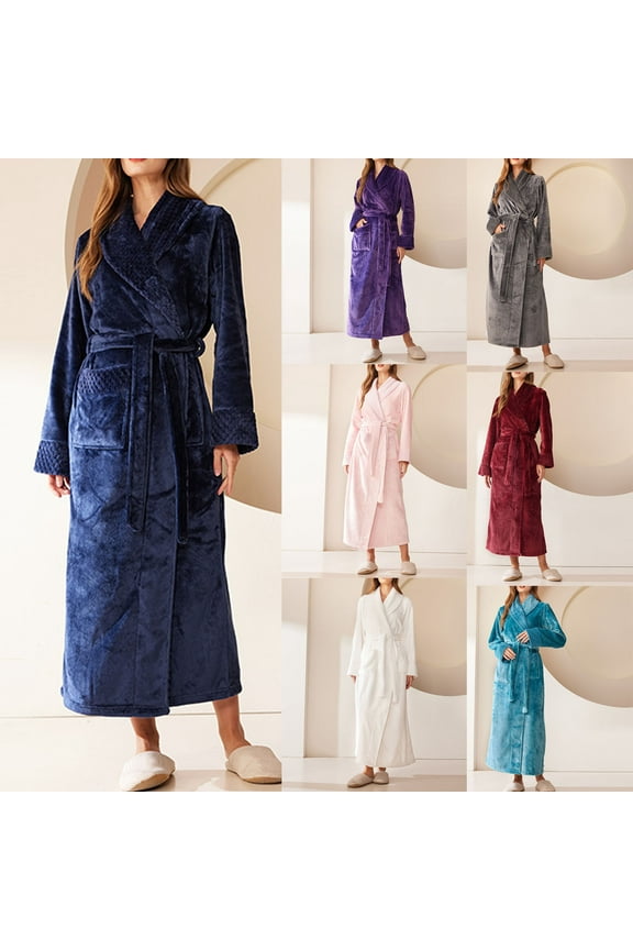 Flannel Robes for Women and Men Plus Size Soft Bathrobes with Belt Thick Warm Winter Long Robe with Pockets Comfy Long Sleeve Lapel Loungewear Navy XXXL
