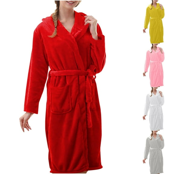 CFLVAEK Flannel Robes for Women Plus Size Long Sleeve Bathrobes with Hood Soft Solid Color Knee Length Sleepwear with Pockets Gray L