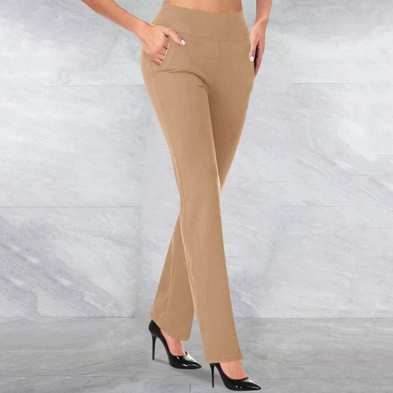 CFLVAEK Flare Dress Pants Women Stretchy High Waisted Work Trousers Comfy Bootcut Plain Office Trousers Dressy Casual Tall Length Business Pants L Khaki