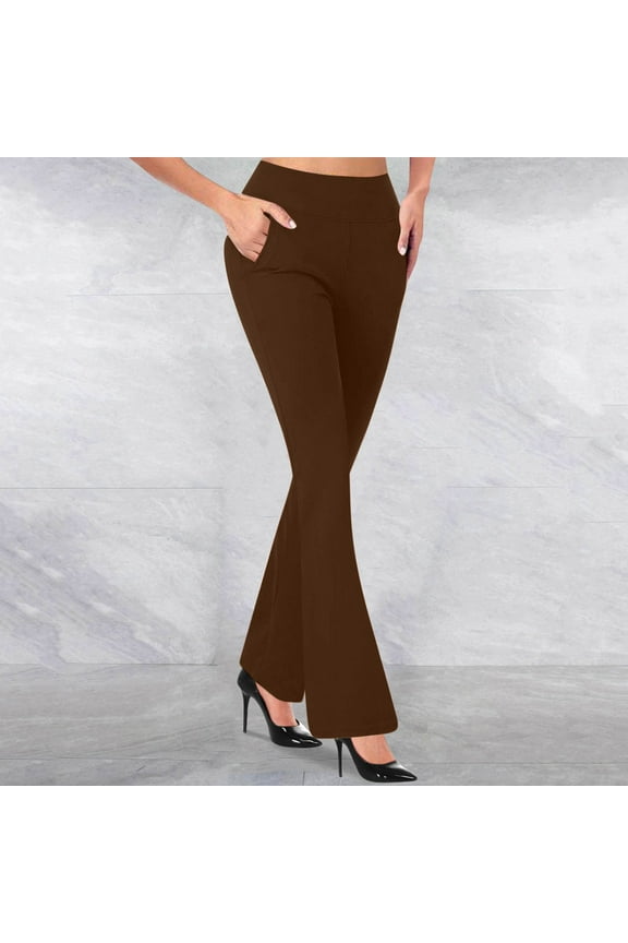 Flare Dress Pants for Women Tummy Control Elastic High Waisted Work Slacks Soft Bootcut Solid Color Office Trousers Casual Tall Length Business PantsBrown L
