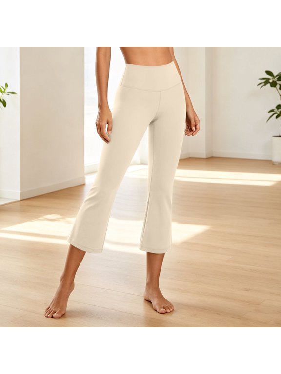 Flare Yoga Pants for Women Stretch High Waisted Capri Leggings Solid Color Tummy Control Workout Cropped Legging Beige M