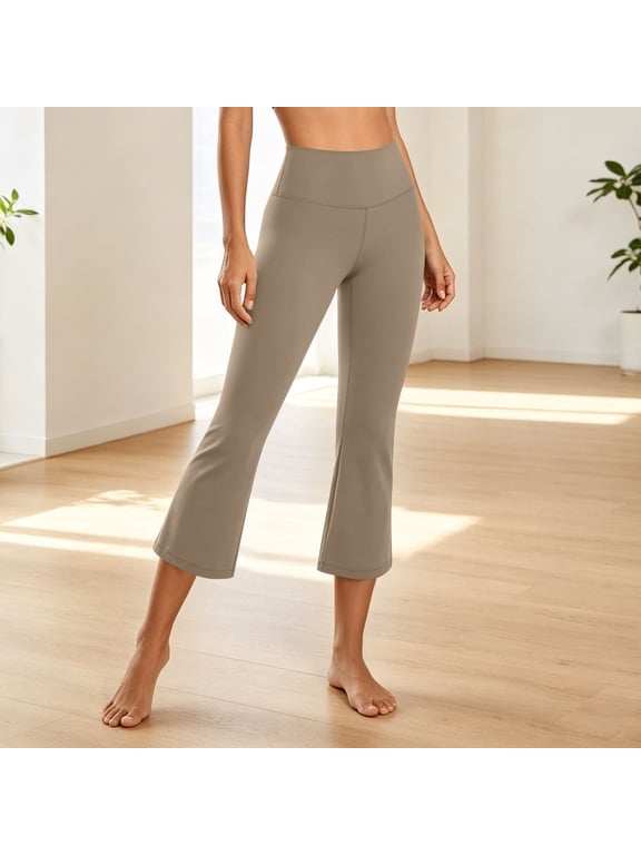 Flare Yoga Pants for Women Stretch High Waisted Capri Leggings Solid Color Tummy Control Workout Cropped Legging Coffee S