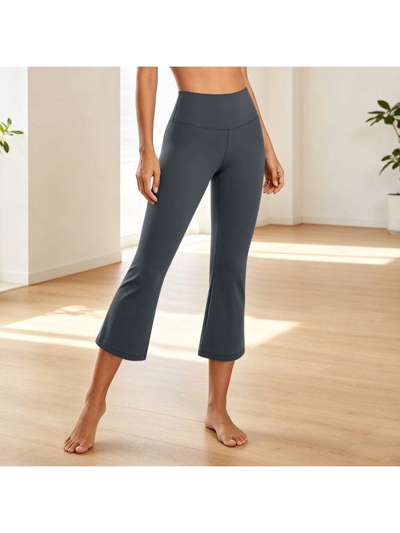Flare Yoga Pants for Women Stretch High Waisted Capri Leggings Solid Color Tummy Control Workout Cropped Legging Dark Gray M
