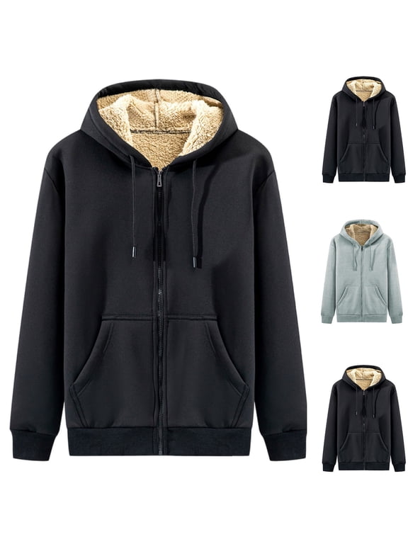 Fleece Jacket Men with Hood Casual Thick Sherpa Lined Hooded Sweatshirts Big and Tall Zip Up Fall Winter Hoodies with Pockets Gray L