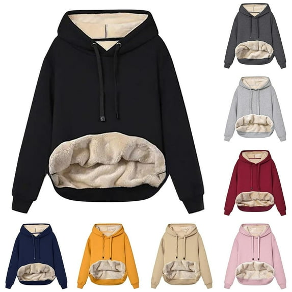 CFLVAEK Fleece Lined Hoodie for Women Thermal Winter Hoodies Casual Long Sleeve Pullover Tops Solid Color Going Out Sweatshirts with Pocket Black XXL