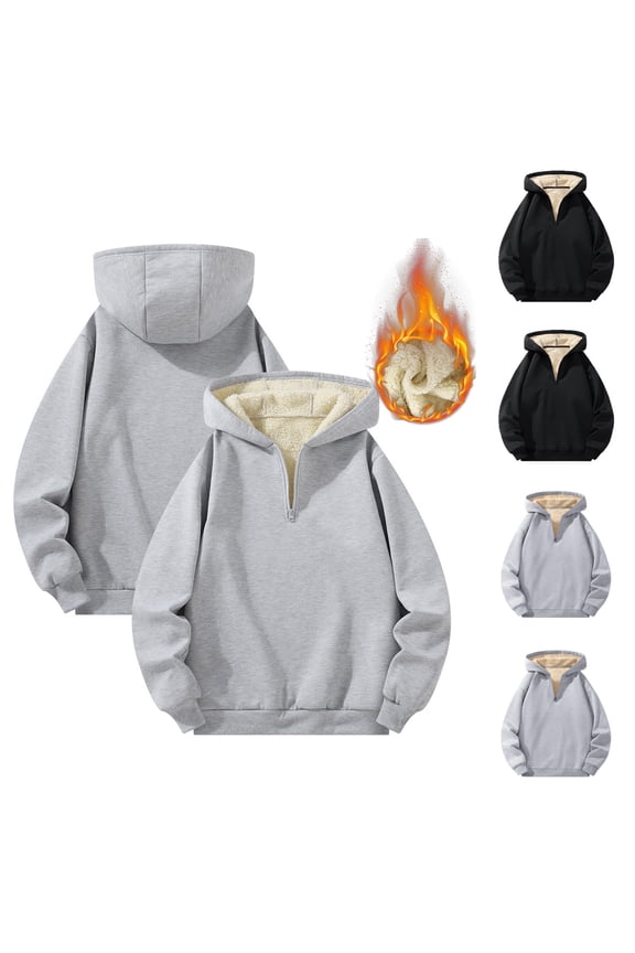 Fleece Lined Hoodies for Men Solid Color Quarter Zip Hoodie Pullover Tops Thermal Long Sleeve Hooded Sweatshirts Gray L