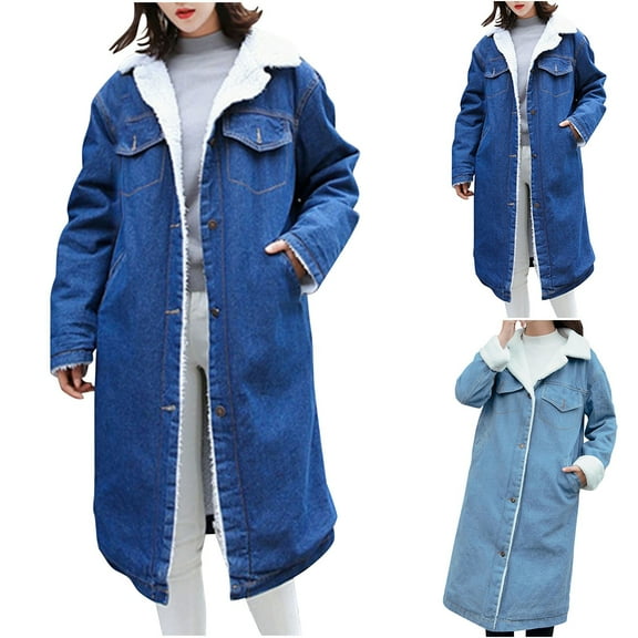 CFLVAEK Fleece Lined Jean Jackets for Women Loose Fit Long Denim Jacket Fall Winter Long Sleeve Coat Outwear Comfort Button Down Lapel Outfits with Pockets Light Blue L