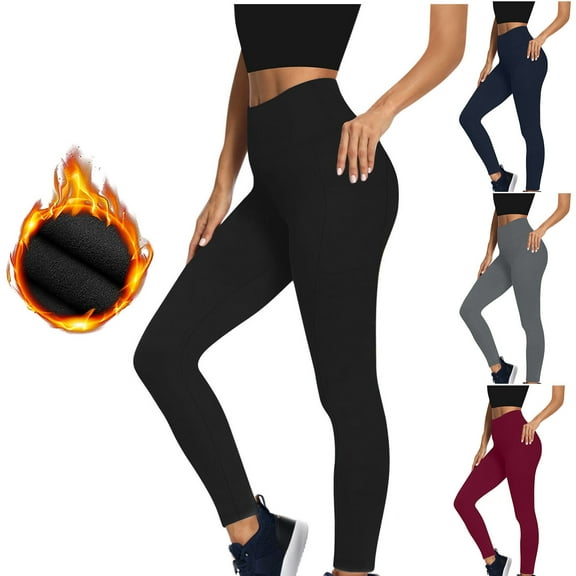 CFLVAEK Fleece Lined Leggings for Women with Pockets Fall Winter High Waist Tummy Control Yoga Pants Stretch Butt Lifting Workout Athletic Pant Navy M