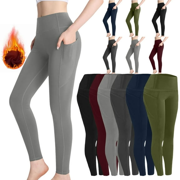 CFLVAEK Fleece Lined Leggings for Women with Pockets Thermal Winter Yoga Pant Casual High Waisted Yoga Legging Solid Color Tummy Control Pant Army Green L