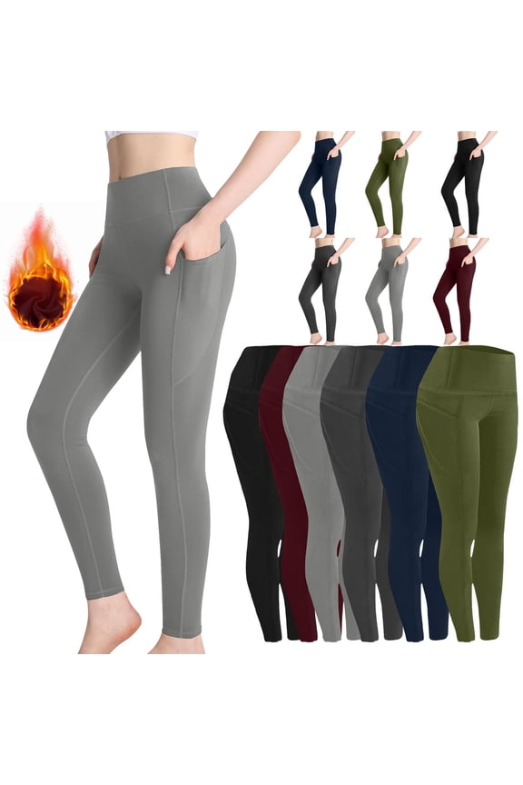 Fleece Lined Leggings for Women with Pockets Thermal Winter Yoga Pant Casual High Waisted Yoga Legging Solid Color Tummy Control Pant Red XL