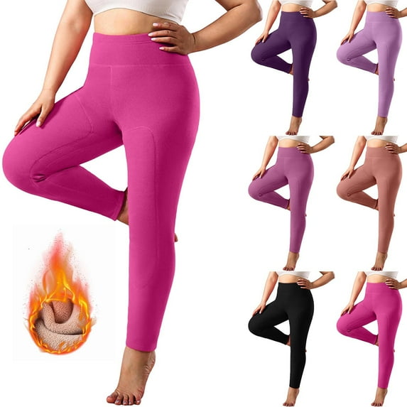 CFLVAEK Fleece Lined Leggings Women's Plus Size High Waisted Yoga Pants Thermal Warm Winter Workout Leggings Solid Color Tummy Control Pant Hot Pink XXL