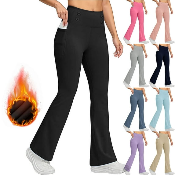 CFLVAEK Fleece Lined Leggings for Women Flare with Pockets Thermal Warm Winter Yoga Pants Tummy Control High Waisted Bootcut Pant Black XXL