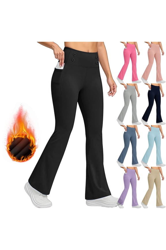 Fleece Lined Leggings for Women Flare with Pockets Thermal Warm Winter Yoga Pants Tummy Control High Waisted Bootcut Pant Navy XL