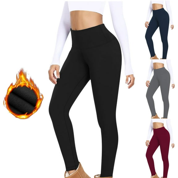 CFLVAEK Fleece Lined Leggings for Women Thermal Winter Yoga Pants Casual High Waisted Tummy Control Leggings Solid Color Stretch Pant Black M