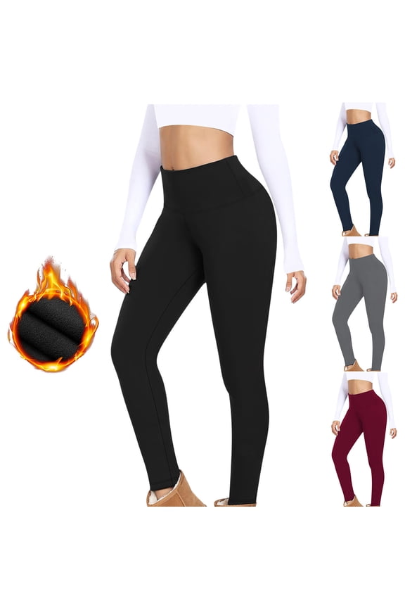 Fleece Lined Leggings for Women Thermal Winter Yoga Pants Casual High Waisted Tummy Control Leggings Solid Color Stretch Pant Black S