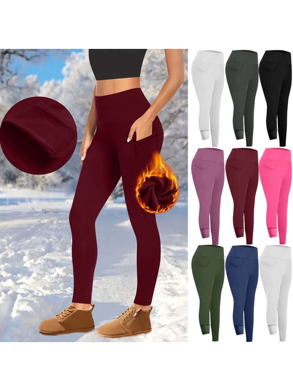 Fleece Lined Leggings for Women with Pockets Casual Tummy Control High Waisted Running Pants Solid Color Workout Gym Leggings Army Green M