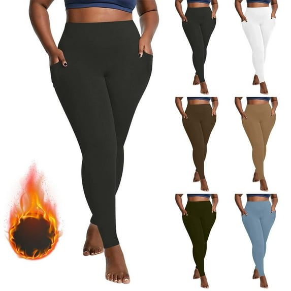 CFLVAEK Fleece Lined Yoga Pants for Women Plus Size Thermal Winter Leggings with Pockets Quick Dry Stretch Leggings Solid Color Workout Pant Khaki XL